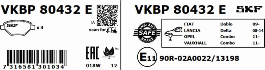 SKF VKBP 80432 E - Əyləc altlığı dəsti, əyləc diski furqanavto.az