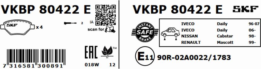 SKF VKBP 80422 E - Əyləc altlığı dəsti, əyləc diski furqanavto.az