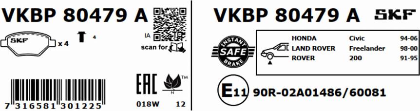 SKF VKBP 80479 A - Əyləc altlığı dəsti, əyləc diski furqanavto.az