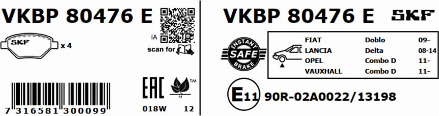 SKF VKBP 80476 E - Əyləc altlığı dəsti, əyləc diski furqanavto.az