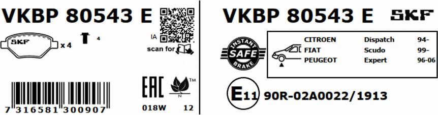 SKF VKBP 80543 E - Əyləc altlığı dəsti, əyləc diski furqanavto.az