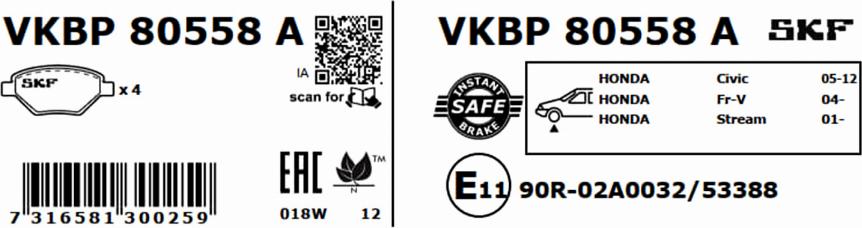 SKF VKBP 80558 A - Əyləc altlığı dəsti, əyləc diski furqanavto.az