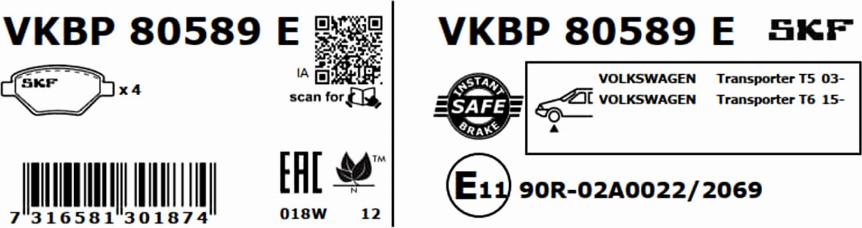 SKF VKBP 80589 E - Əyləc altlığı dəsti, əyləc diski furqanavto.az