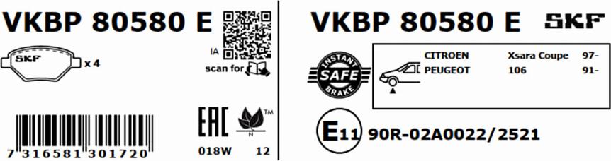 SKF VKBP 80580 E - Əyləc altlığı dəsti, əyləc diski furqanavto.az