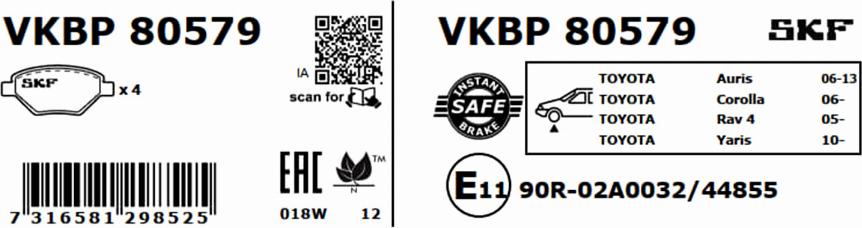 SKF VKBP 80579 - Əyləc altlığı dəsti, əyləc diski furqanavto.az