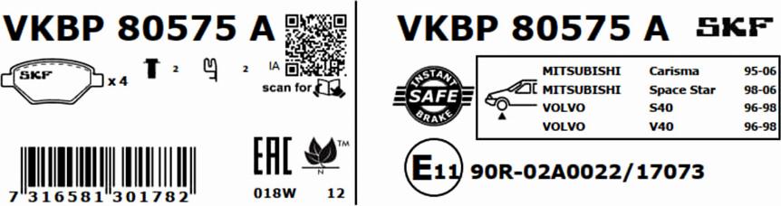 SKF VKBP 80575 A - Əyləc altlığı dəsti, əyləc diski furqanavto.az