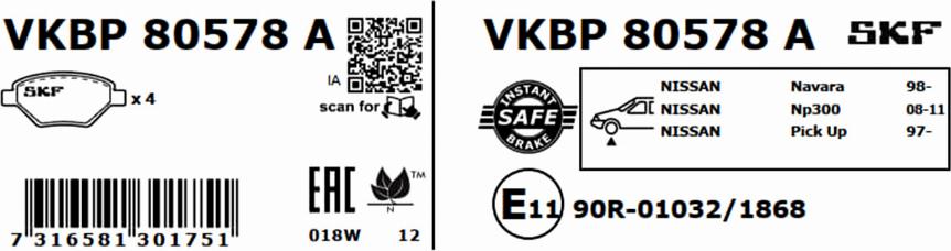 SKF VKBP 80578 A - Əyləc altlığı dəsti, əyləc diski furqanavto.az