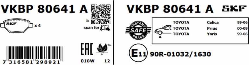 SKF VKBP 80641 A - Əyləc altlığı dəsti, əyləc diski furqanavto.az