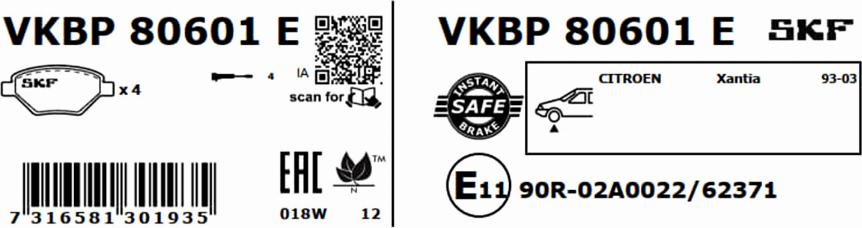 SKF VKBP 80601 E - Əyləc altlığı dəsti, əyləc diski furqanavto.az