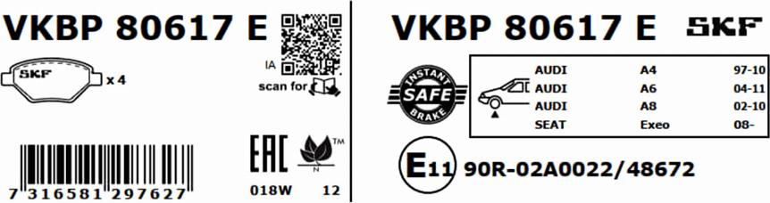 SKF VKBP 80617 E - Əyləc altlığı dəsti, əyləc diski furqanavto.az
