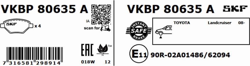 SKF VKBP 80635 A - Əyləc altlığı dəsti, əyləc diski furqanavto.az