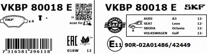 SKF VKBP 80018 E - Əyləc altlığı dəsti, əyləc diski furqanavto.az