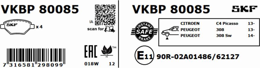 SKF VKBP 80085 - Əyləc altlığı dəsti, əyləc diski furqanavto.az