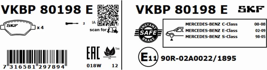 SKF VKBP 80198 E - Əyləc altlığı dəsti, əyləc diski furqanavto.az