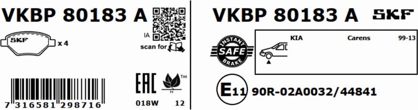 SKF VKBP 80183 A - Əyləc altlığı dəsti, əyləc diski furqanavto.az