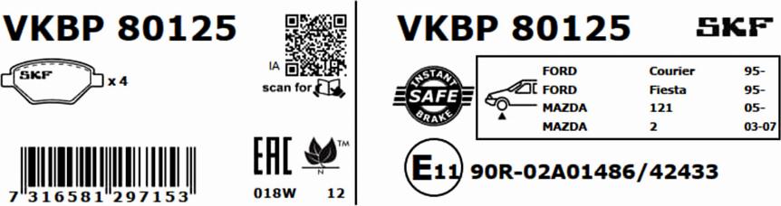 SKF VKBP 80125 - Əyləc altlığı dəsti, əyləc diski furqanavto.az