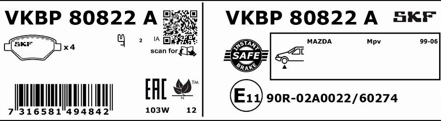 SKF VKBP 80822 A - Əyləc altlığı dəsti, əyləc diski furqanavto.az