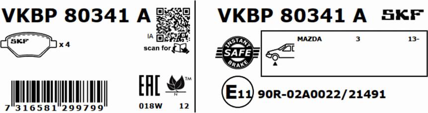 SKF VKBP 80341 A - Əyləc altlığı dəsti, əyləc diski furqanavto.az