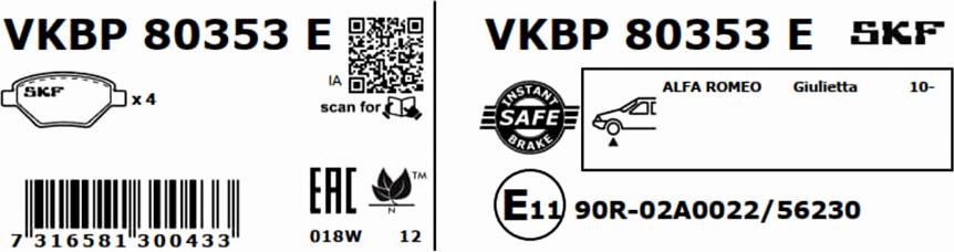 SKF VKBP 80353 E - Əyləc altlığı dəsti, əyləc diski furqanavto.az