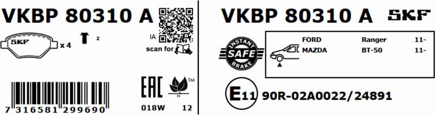 SKF VKBP 80310 A - Əyləc altlığı dəsti, əyləc diski furqanavto.az