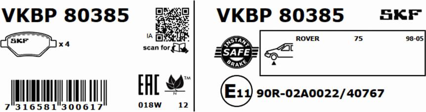 SKF VKBP 80385 - Əyləc altlığı dəsti, əyləc diski furqanavto.az