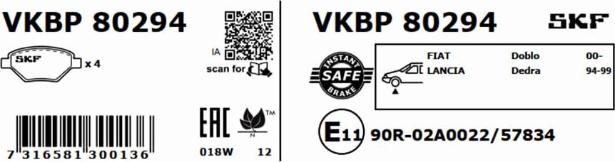 SKF VKBP 80294 - Əyləc altlığı dəsti, əyləc diski furqanavto.az