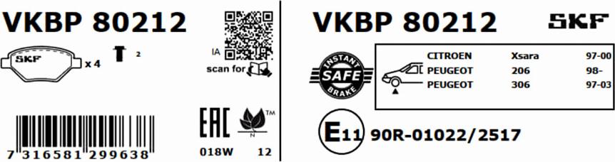 SKF VKBP 80212 - Əyləc altlığı dəsti, əyləc diski furqanavto.az