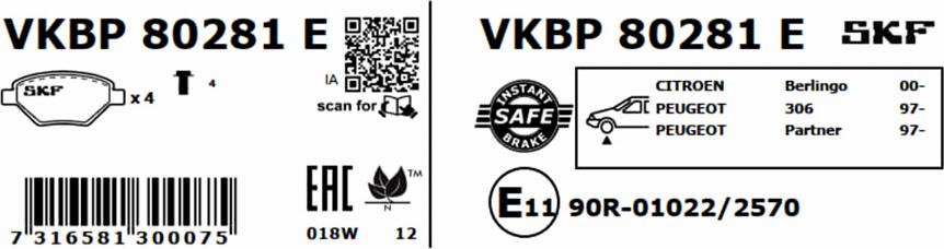 SKF VKBP 80281 E - Əyləc altlığı dəsti, əyləc diski furqanavto.az