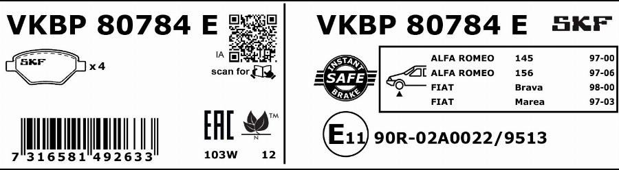 SKF VKBP 80784 E - Əyləc altlığı dəsti, əyləc diski furqanavto.az