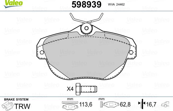 Valeo 598939 - Əyləc altlığı dəsti, əyləc diski furqanavto.az