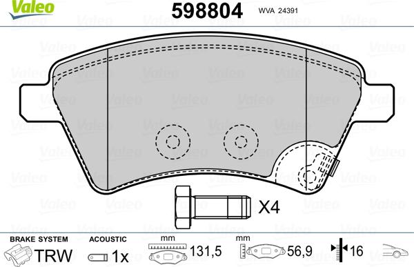 Valeo 598804 - Əyləc altlığı dəsti, əyləc diski furqanavto.az