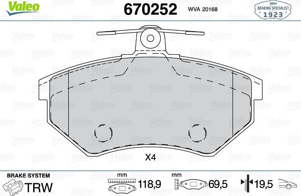 Valeo 670252 - Əyləc altlığı dəsti, əyləc diski furqanavto.az